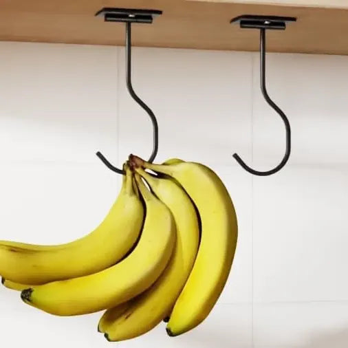 2-Pack Black Self-Adhesive Banana Hook – Foldable Metal Banana Hanger (Under Cabinet)