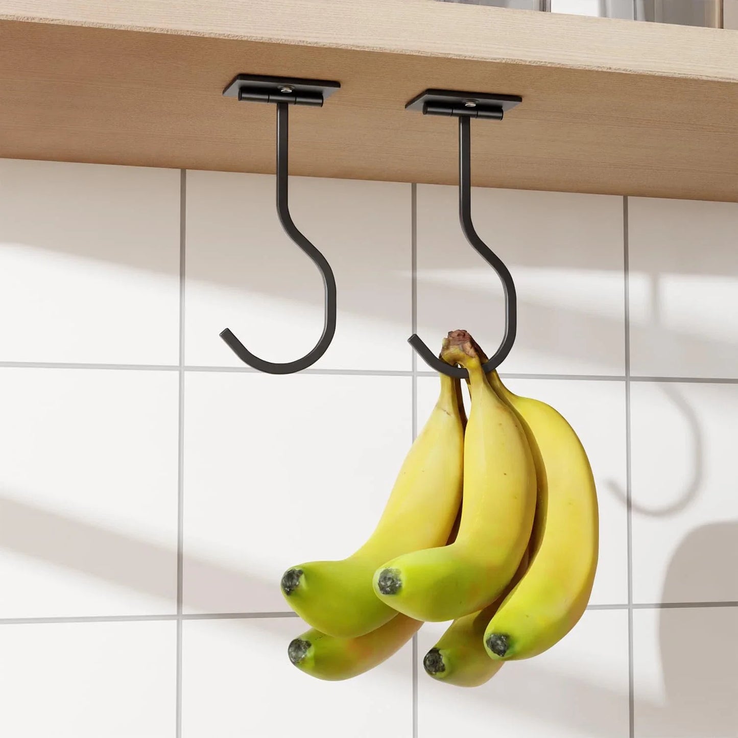 2-Pack Black Self-Adhesive Banana Hook – Foldable Metal Banana Hanger (Under Cabinet)